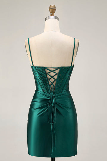 Dark Green Corset Bodycon Sequins Satin Cocktail Dress